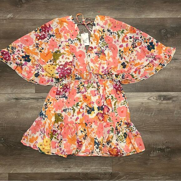 Forever 21 Soul Girl Floral Print Butterfly Sleeve Mini dress Size X-Large Pink - Picture 6 of 14